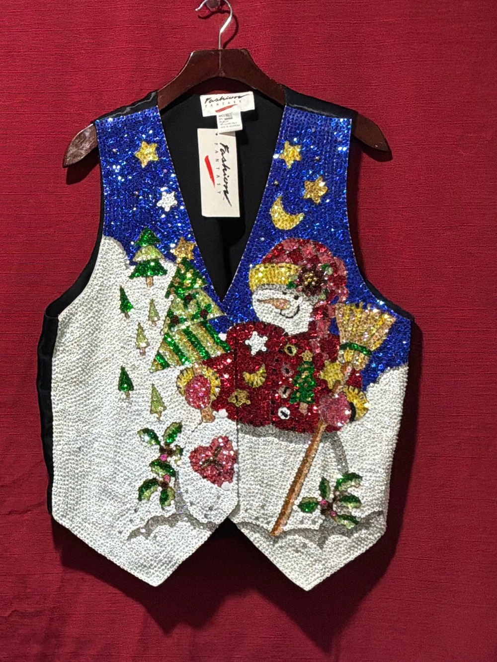 Men's Blue & White Sequin Holiday Vest snow man beaded